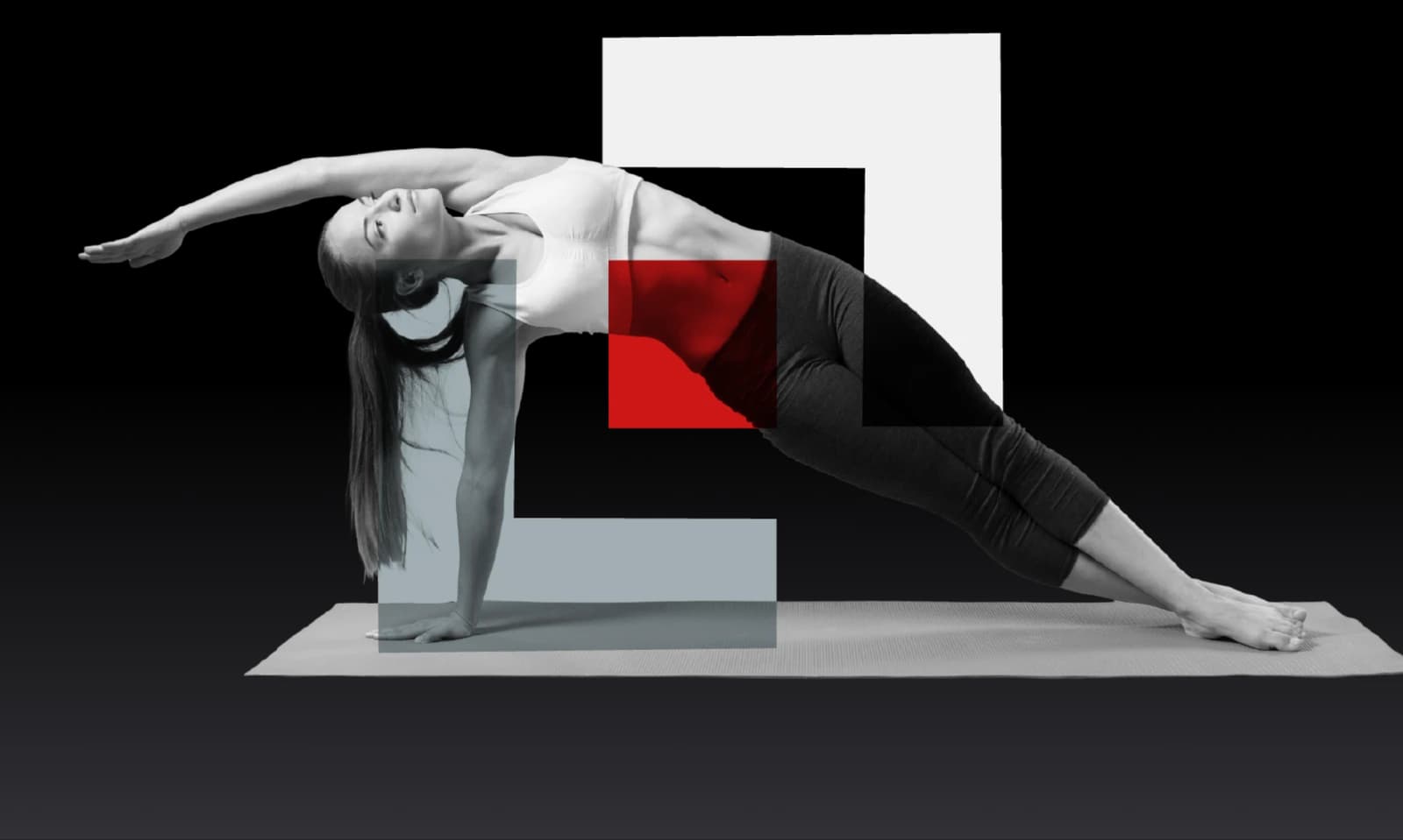 Postura de yoga en escala de grises con los cuadrados rojo y blanco de la marca superpuestos, recorte con transparencia