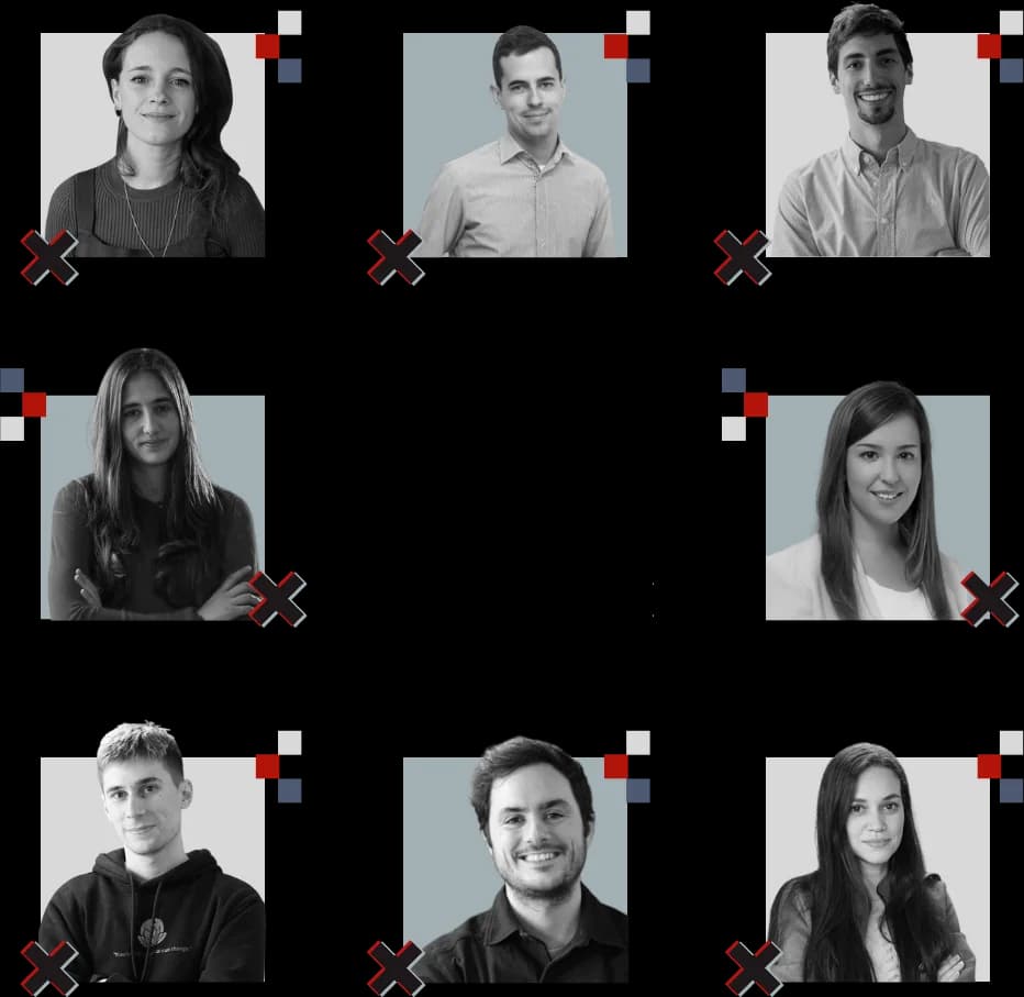 Ocho retratos del equipo de Factor Libre en una composición de cuadrados de la marca