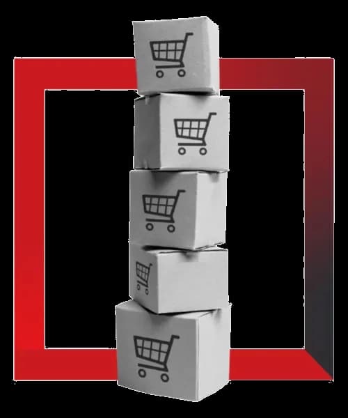 Torre de cajas de cartón con el icono de un carrito de la compra, enmarcadas en el motivo rojo de Factor Libre