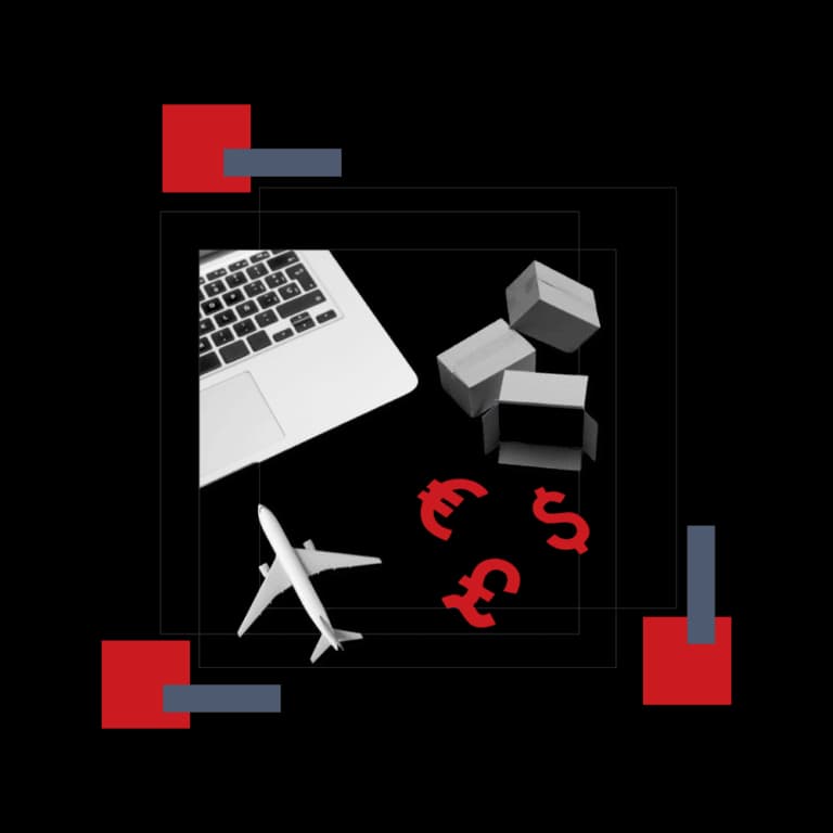 Portátil con símbolos de divisas y un avión: comercio B2B internacional