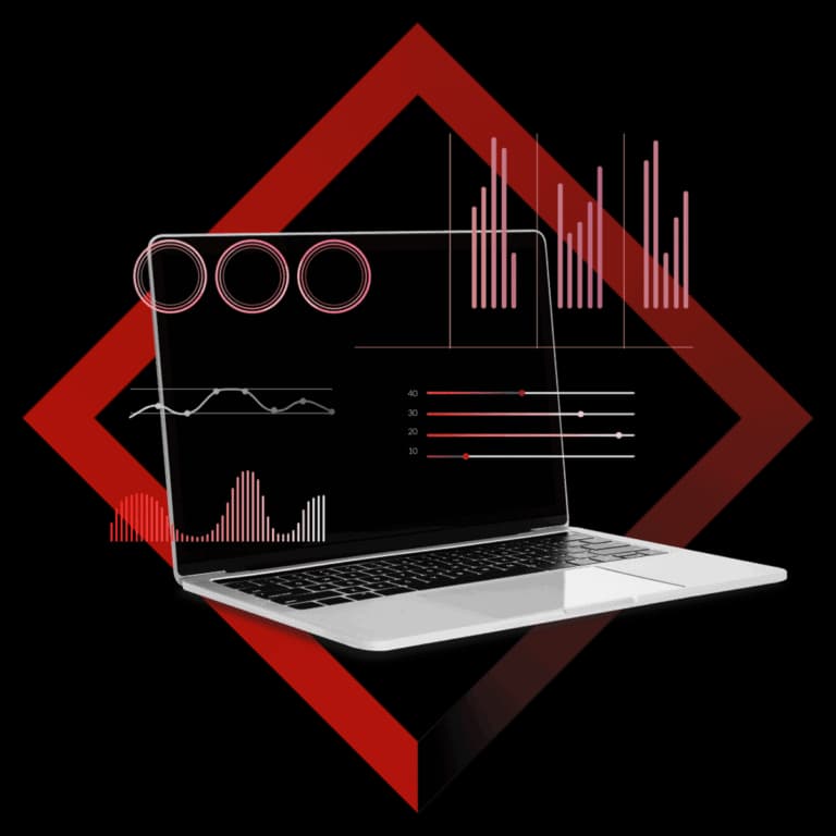 Portátil con paneles de gráficas financieras, enmarcado en rojo