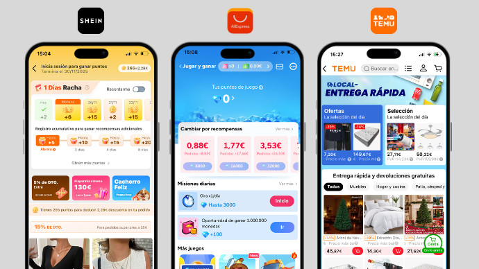 Ejemplos de ofertas y gamificación en las aplicaciones de Shein, AliExpress y Temu.