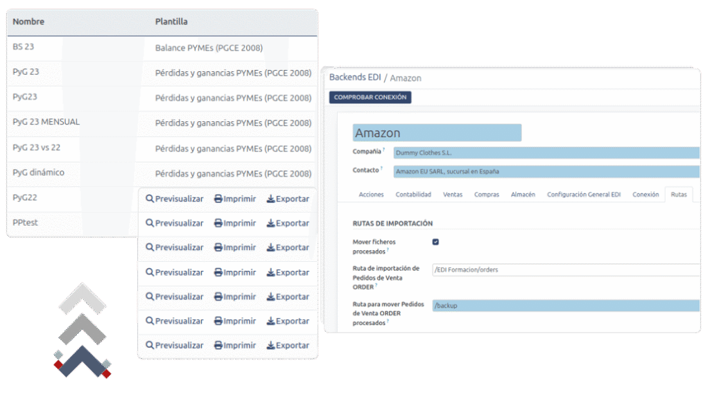 conector EDI para Amazon y pantalla de entorno financiero con documentación descargable