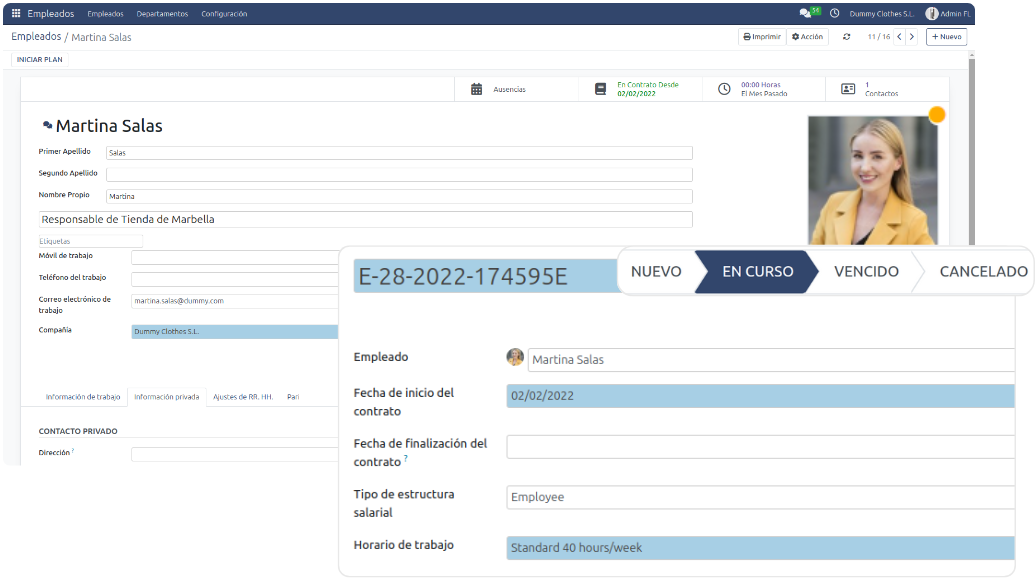 pantalla de Gextia con los datos de un empleado y su contrato