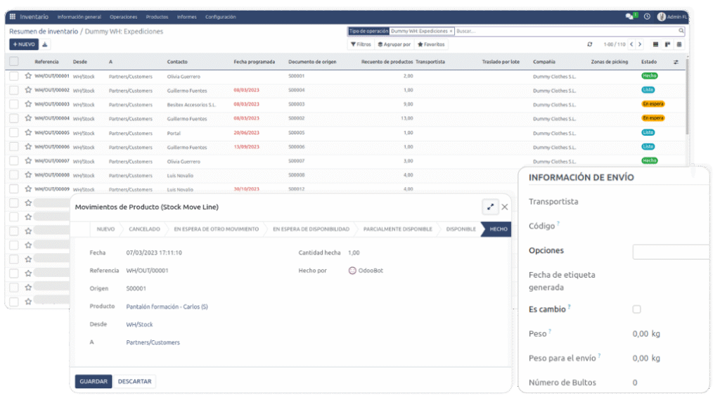 pantalla de Gextia con la información de inventario
